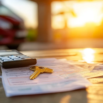 Bonitätsprüfung bei der Mieterauswahl – Schlüssel, Unterlagen und Taschenrechner symbolisieren die Entscheidungssicherheit für Vermieter
