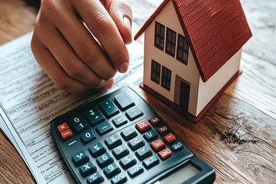 Modellhaus mit Taschenrechner und Vertrag – Symbol für die Kosten einer Hausverwaltung im Allgäu