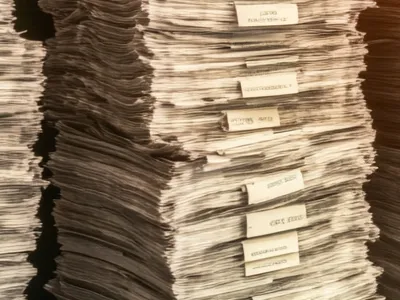 Stapelweise sortierte Vermietungsunterlagen im warmen Sonnenlicht