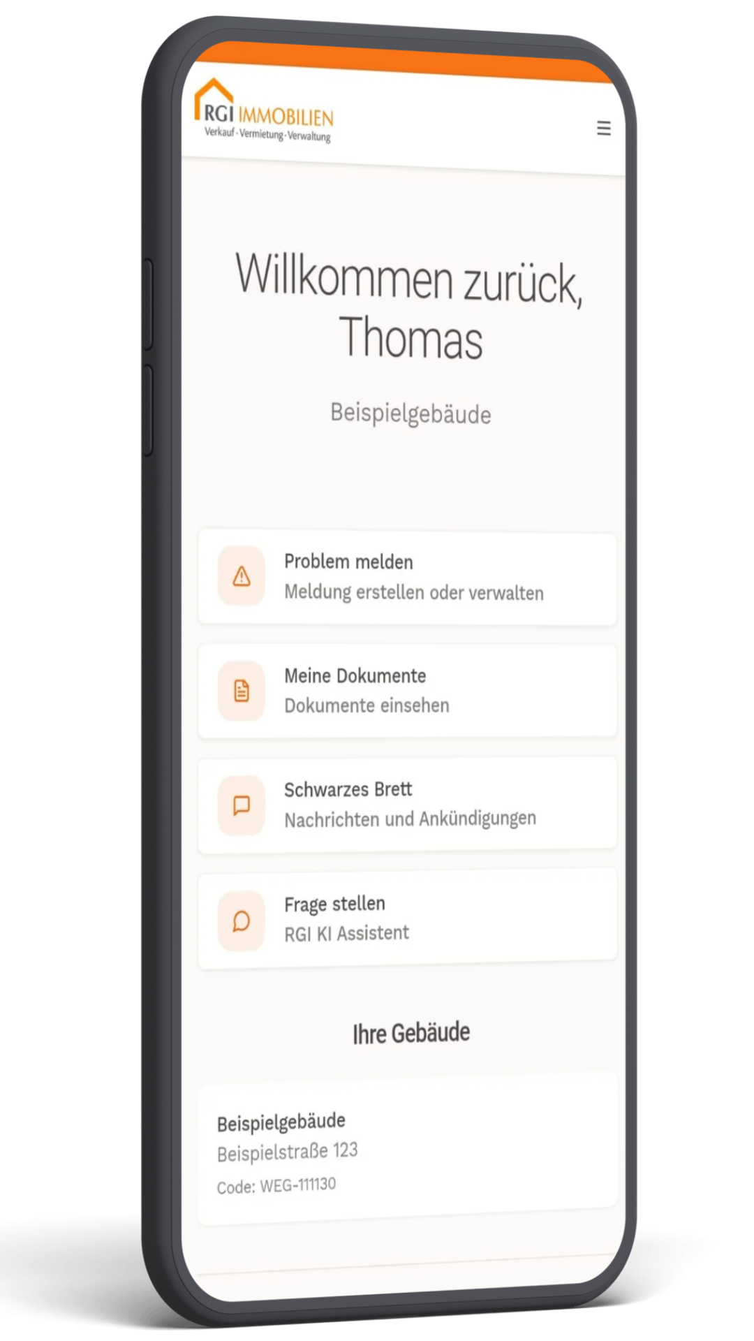 Mobile Verwaltung - RGI Immobilien App Interface mit Willkommen zurück, Problem melden, Dokumente, Schwarzes Brett und KI-Assistent Funktionen