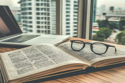 Offenes Gesetzbuch mit Brille und Laptop vor Hochhäusern – Symbol für rechtssichere Immobilienverwaltung im Allgäu